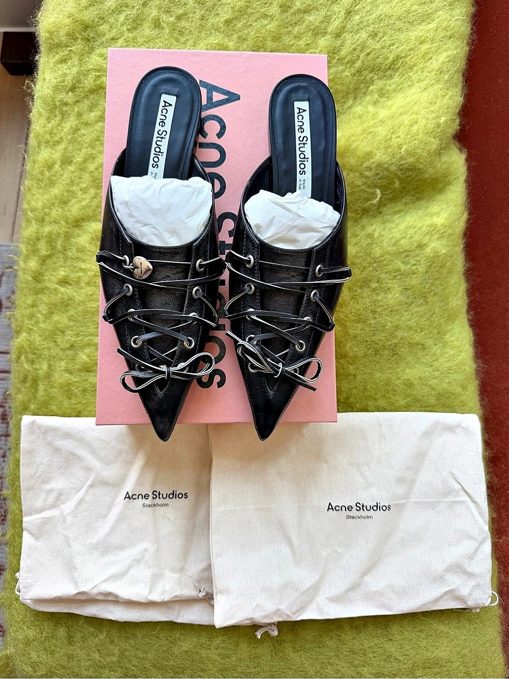 Acne Studios Lace-Up Mules Black Pointed-Toe NWT